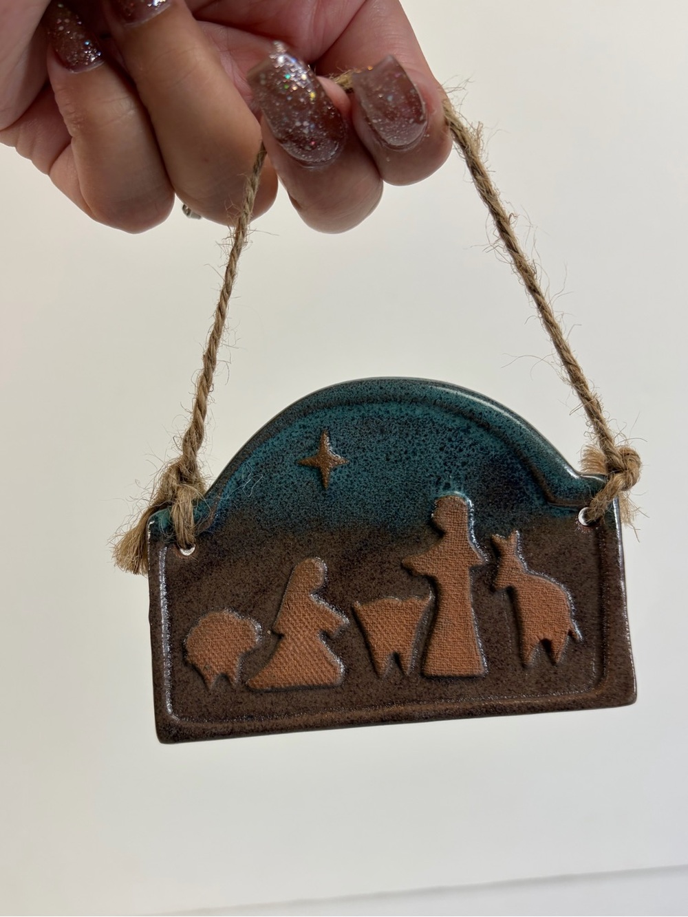 Vintage Pottery Christmas Nativity Hanging Plaque Ornament Handmade Gift rustic